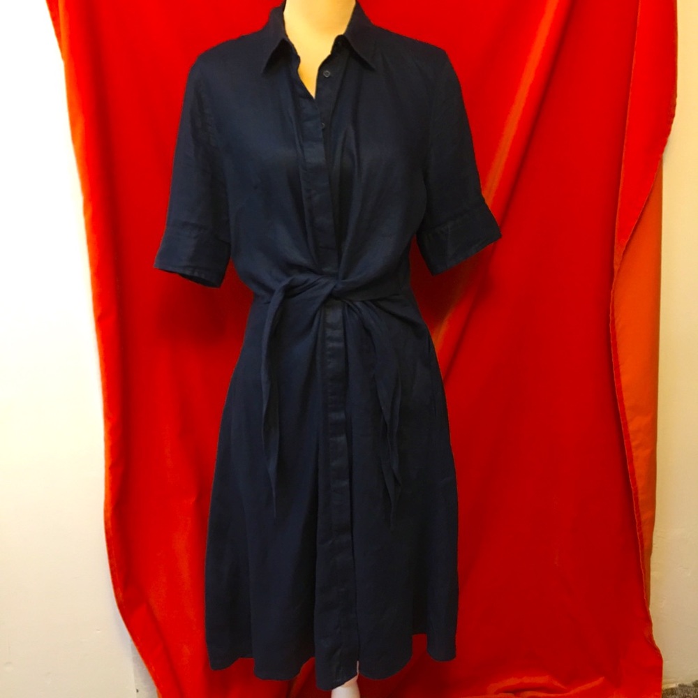 Lauren Ralph Lauren linen shirt dress tie waist navy size 12